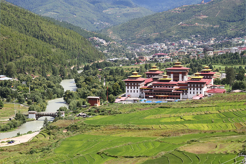 Bhutan Tour - Traditional Bhutanese dzong with golden roofs nestled in valley surrounded by green mountains and terraced rice fields