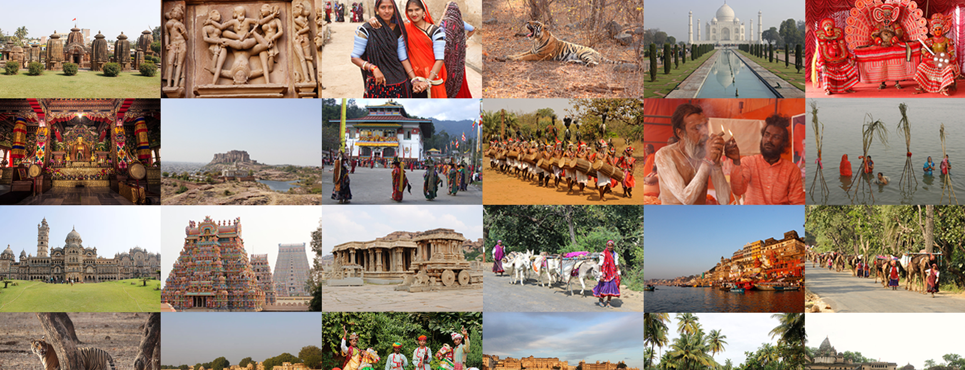 In the best tour and travel agency in India - A Collage of temples, Taj Mahal, wildlife, festivals showcasing journeys