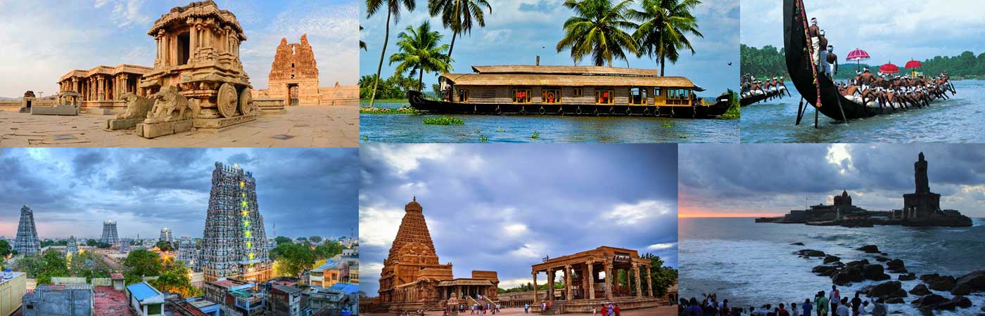 South India Tour Packages featuring temples, Kerala houseboats, snake boat races, and coastal landmarks across Karnataka and Tamil Nadu