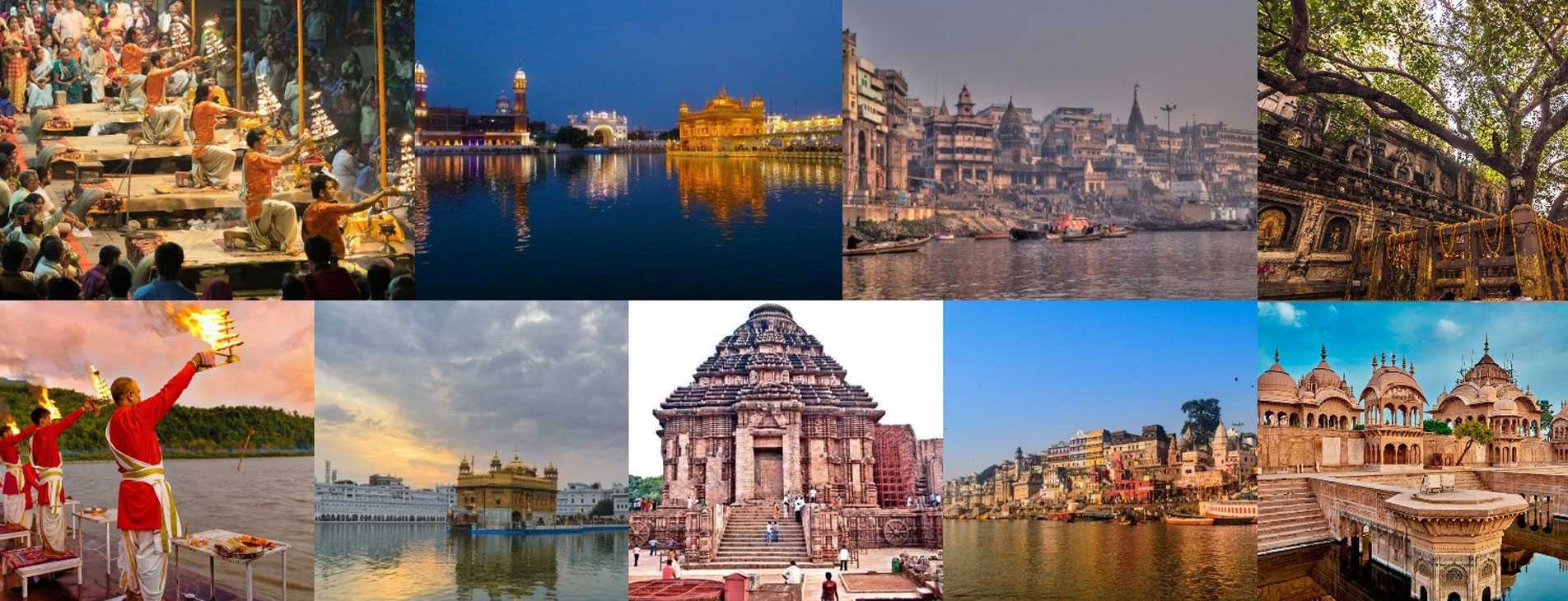 Indian Spiritual Tour showcasing Ganga aarti, Golden Temple, Varanasi ghats, ancient temples and sacred river rituals