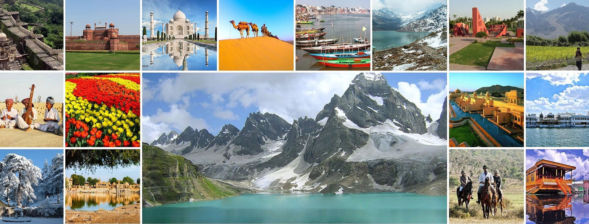 Luxury North India tour packages featuring Taj Mahal, Himalayan peaks, desert safaris, and cultural heritage sites collage