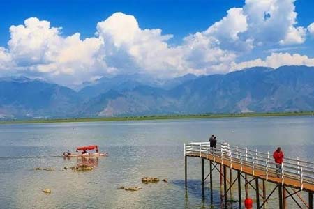 Beautiful Wular Lake surrounded by mountains